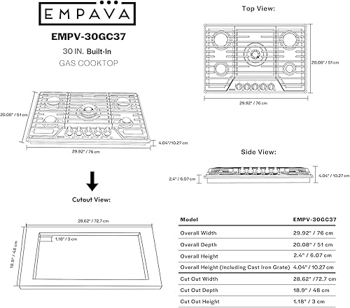 Miniatura 6 de Empava - Anafe de cocina de gas de 30 pulgadas con 5 quemadores sellados Italy SABAF, convertible NG/GLP, en acero inoxidable