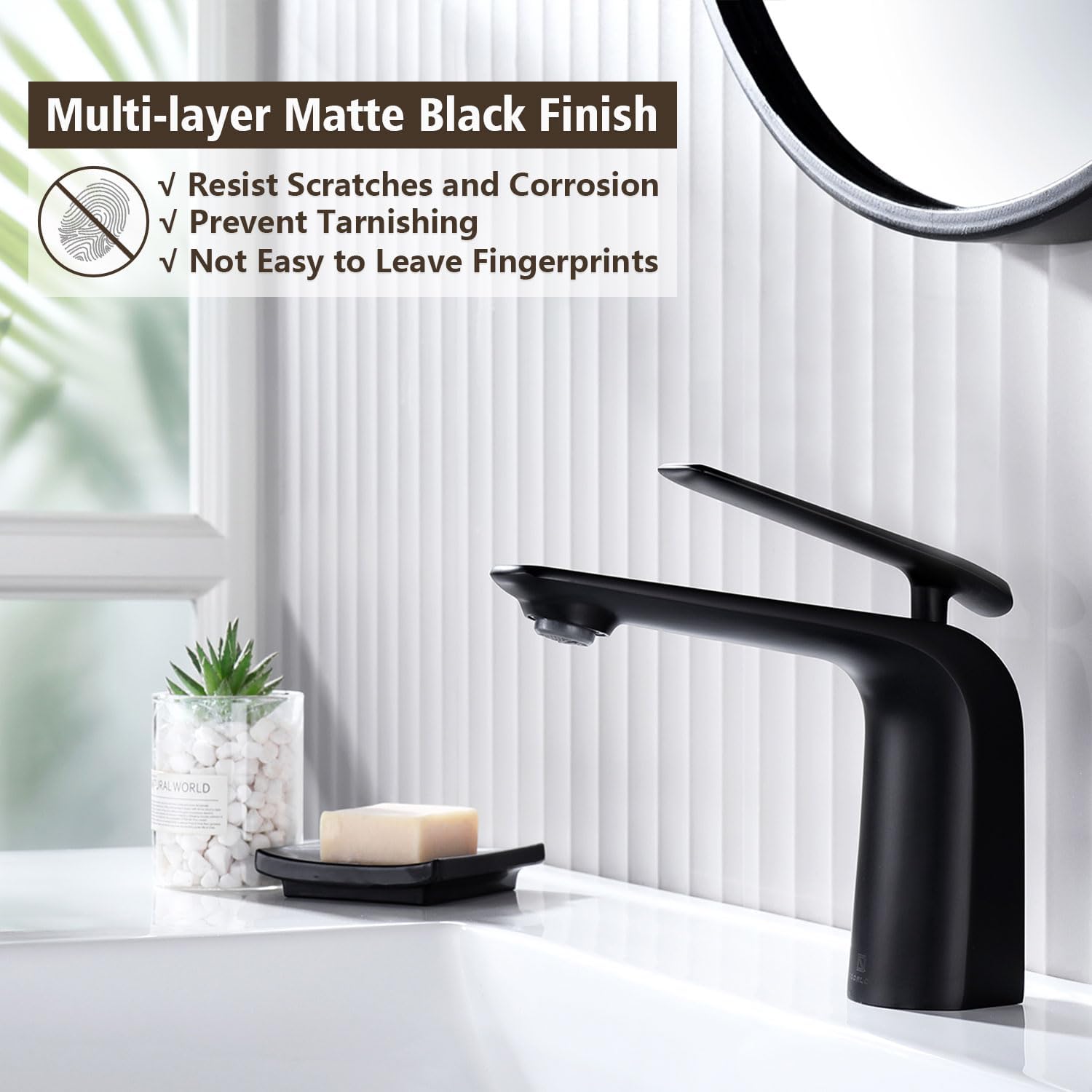TOCALOCA Black Bathroom Sink Faucet, Matte Black, Modern Design, Single Handle, 1 Hole, Brass, Ceramic Disc Valve, Deck Mount, Aerated Non-Splashing Stream