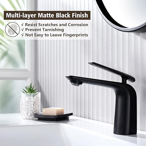 Miniatura 2 de Grifo de lavabo de baño negro, negro mate, diseño moderno, mango único, 1 agujero, latón, válvula de disco de cerámica, montaje en cubierta,