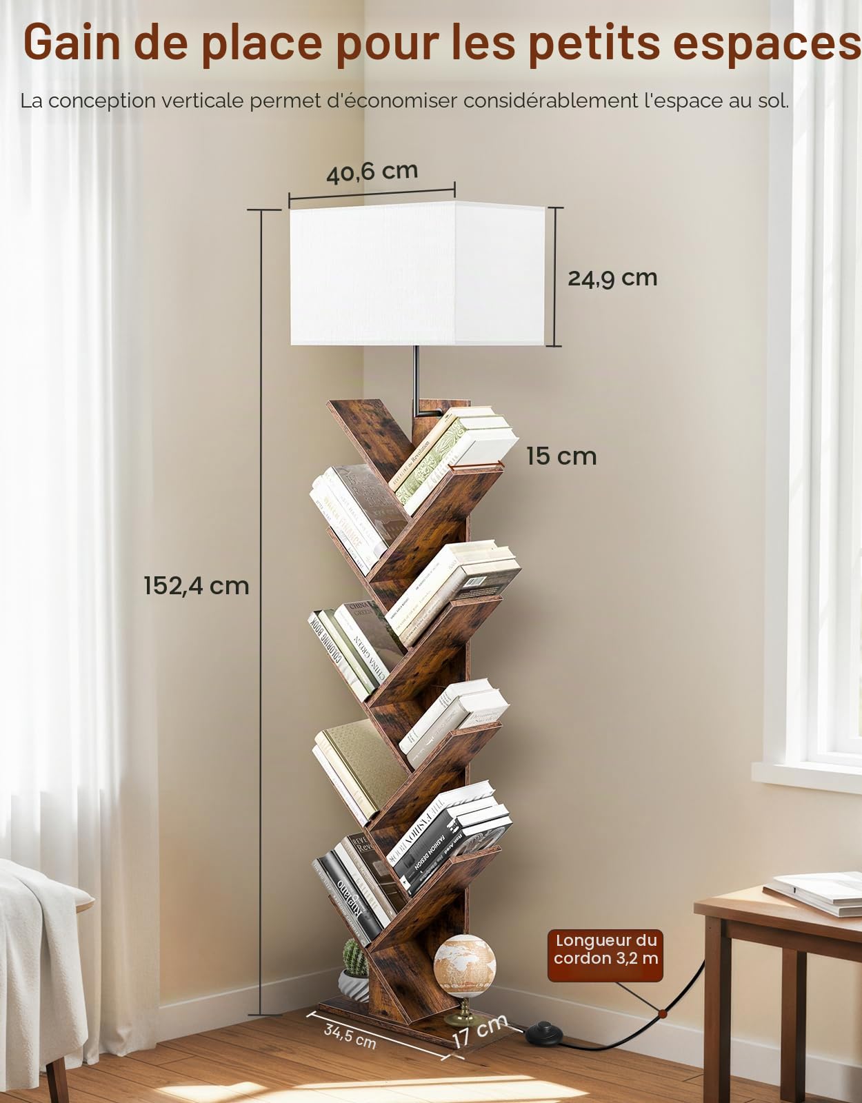 Bibliothèque Arbre en Bois 9 Niveaux avec Lumière, Étagère d’Angle avec Télécommande et Minuteur – Meuble Compact pour Livres, CD, DVD, Salon, Chambre, Bureau