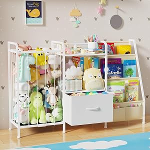 Kids Bookshelf and Toy Storage,3-Tier Book Shelf for Kids Rooms,Sling Baby Bookcase with Stuffed Animal Storage,Montessori Nursery Book Shelves, Bedroom, Playroom Toy Organizer,White