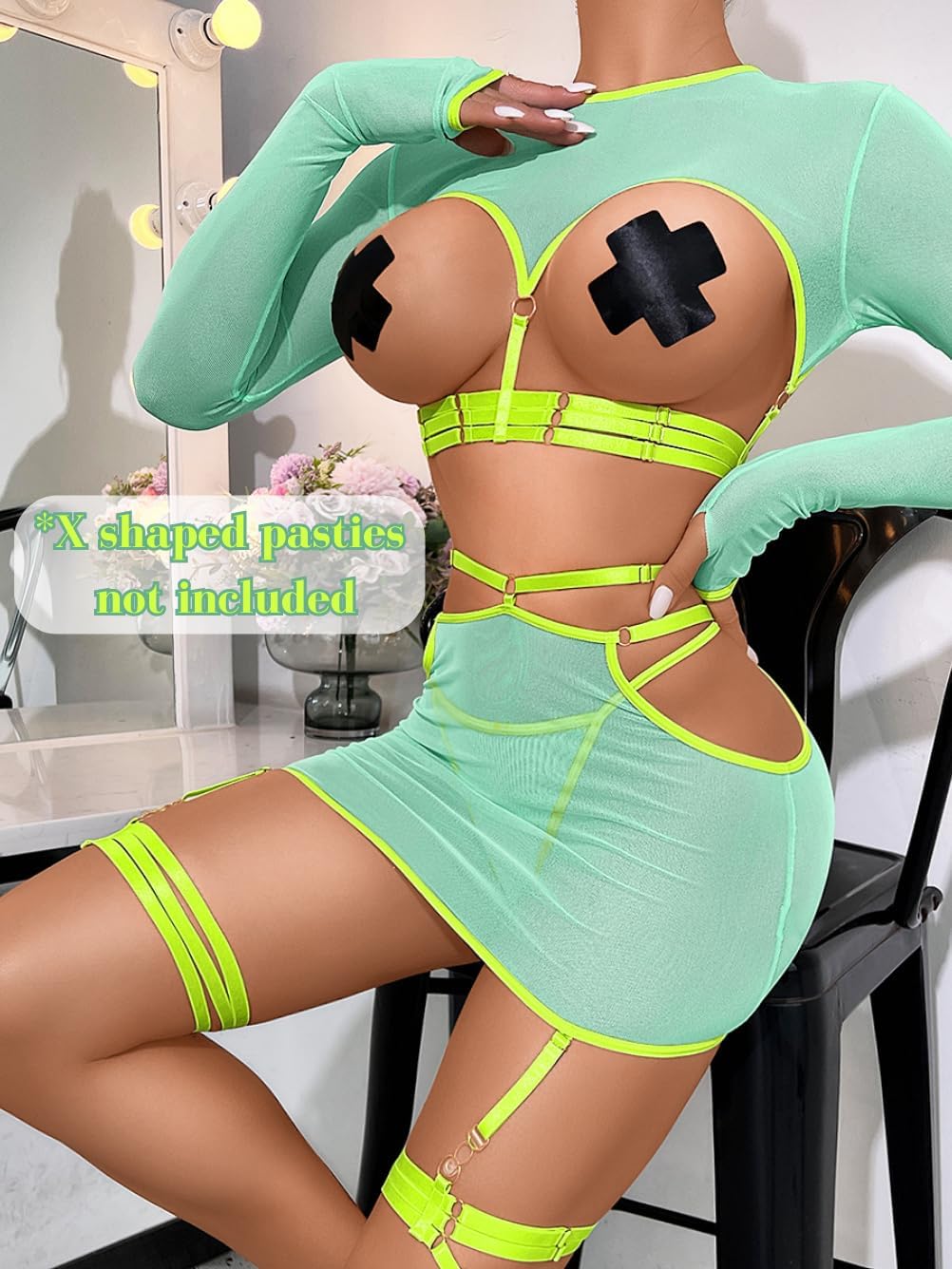 Kaei&Shi Strappy Lingerie,Sheer Mesh Long Sleeve High Waisted Lingeries Skirt Set,Rave Outfits For Women Sexy Festival