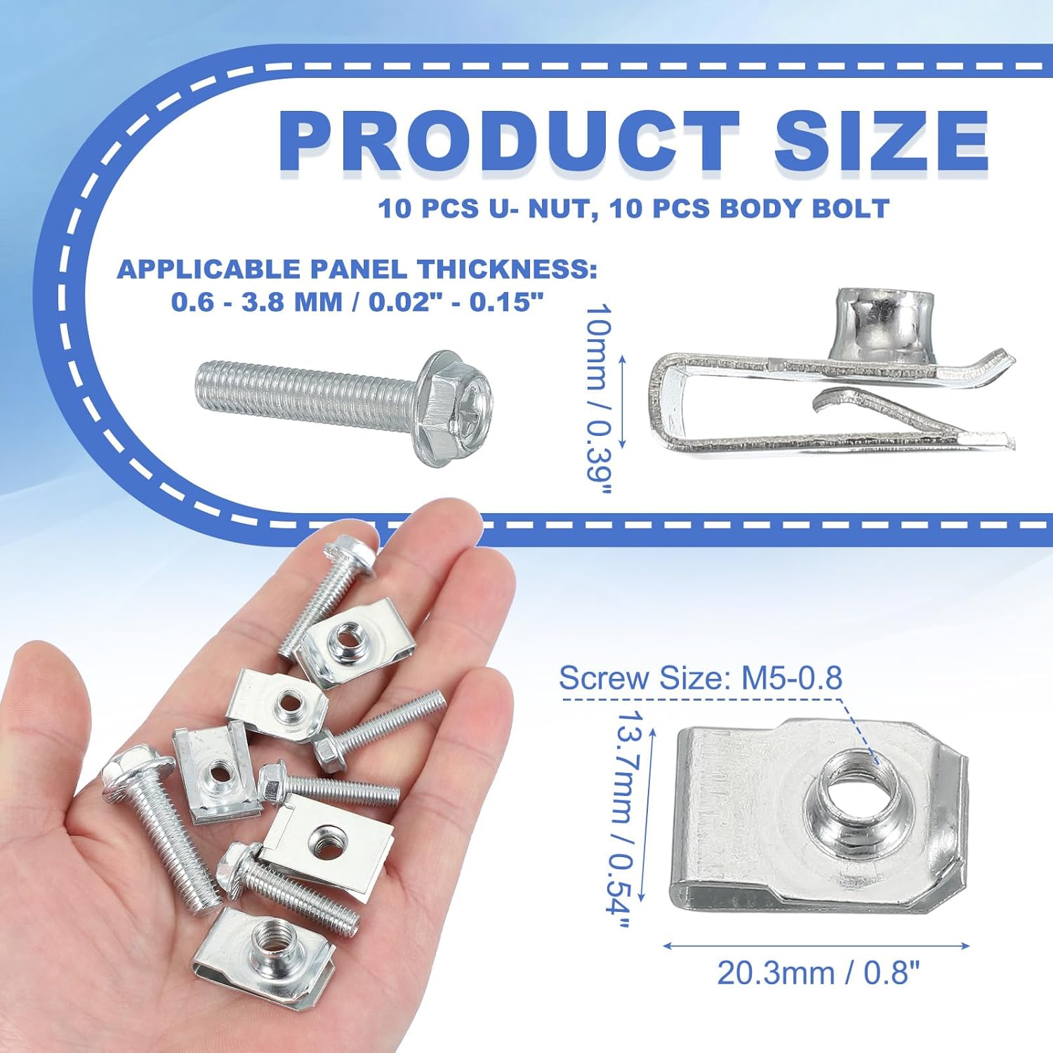 Generic M5-0.8 Bolt and U-Nut, 10 Pcs Extruded U Nut & Body Bolt Kit Fasteners Hardware for Automotive Metal Cars Motorcycles