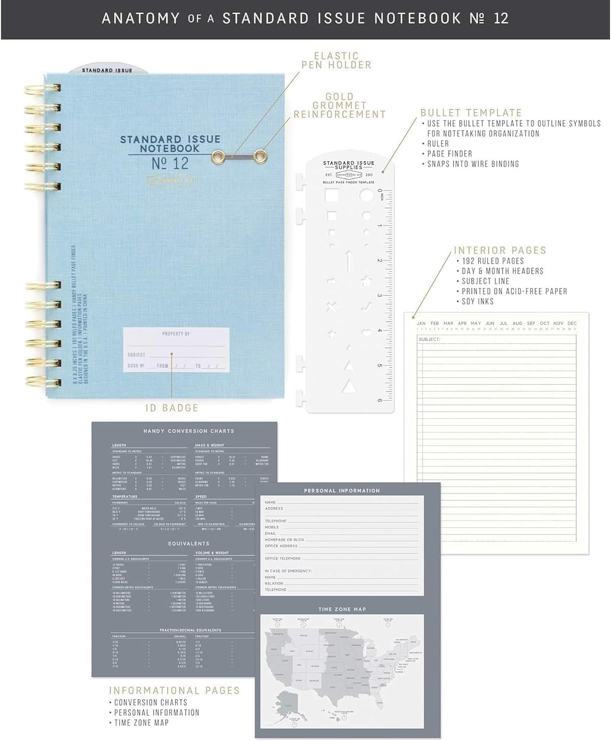 DesignWorks Ink Standard Issue Notebook No. 12, Undated Daily Planner & Writing Journal, 192 Lined Pages, Elastic Pen Holder, Small Spiral Notebook for Work & Journaling, 6 x 8.25 in, Black