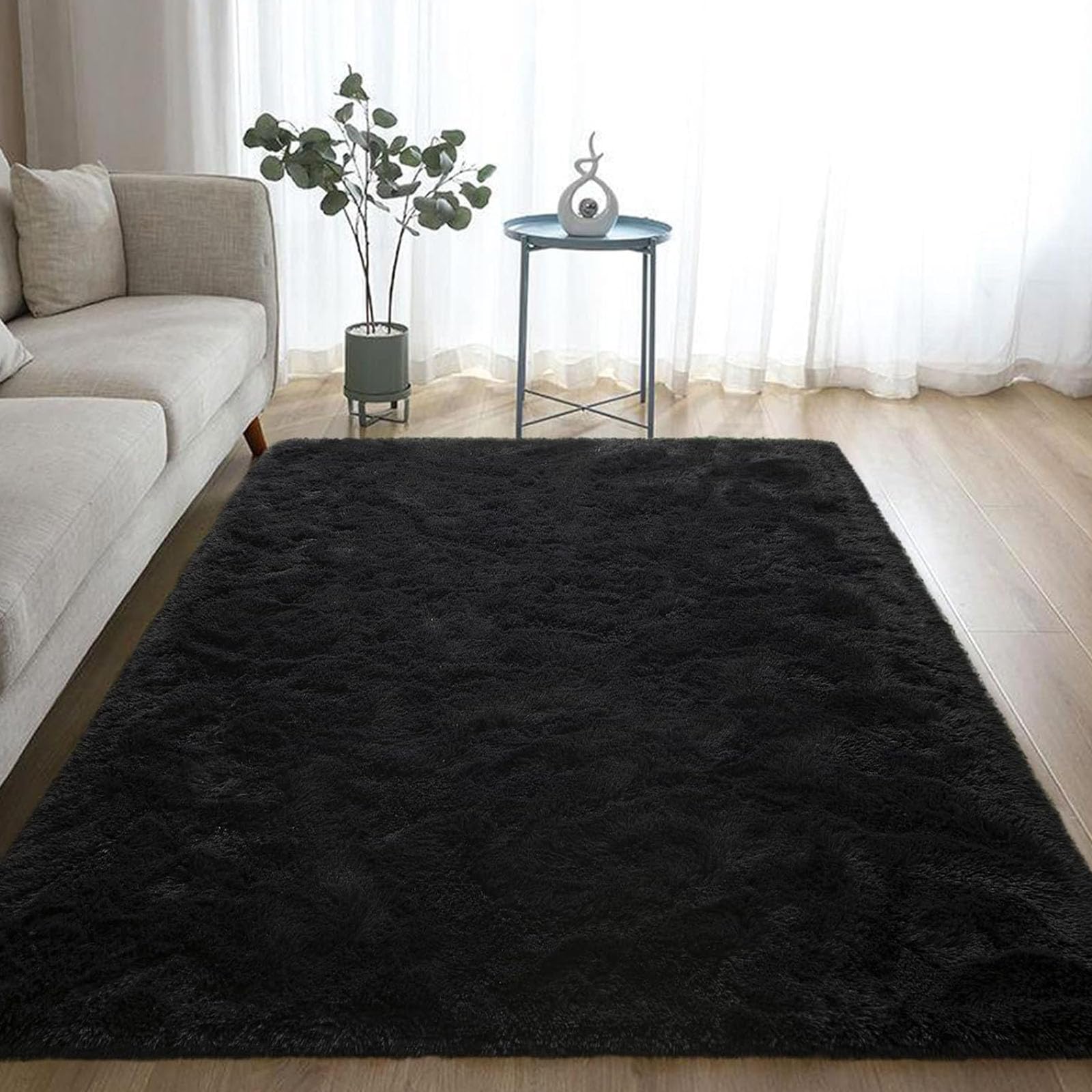 Tapis de salon moderne 115x220 cm shaggy noir à poil long pour chambre