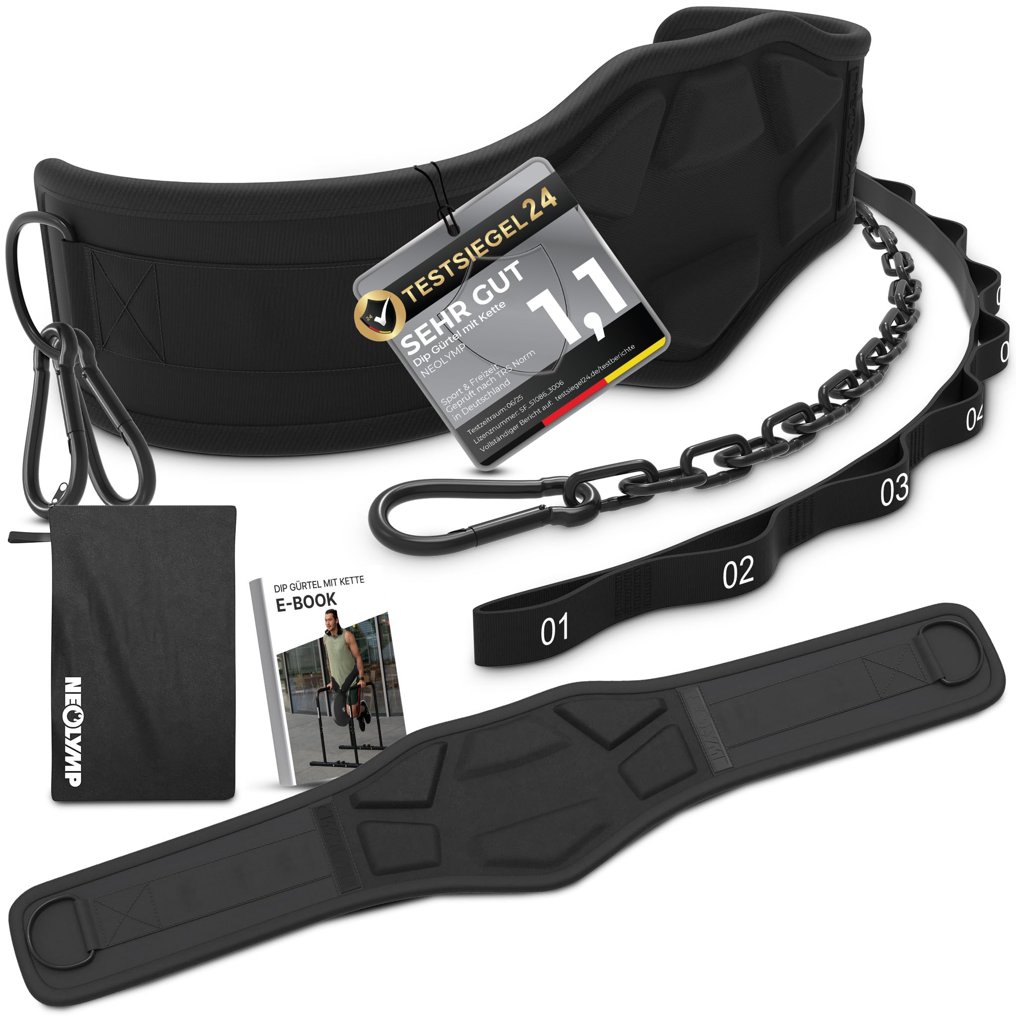 NEOLYMP Dip Gürtel – Premium Gewichthebergürtel mit Kette & 3 Karabinern für Dips, Klimmzüge & Krafttraining – Hohe Belastbarkeit bis 1.000 kg – Ergonomisches Design & Neopren-Komfort für Calisthenics