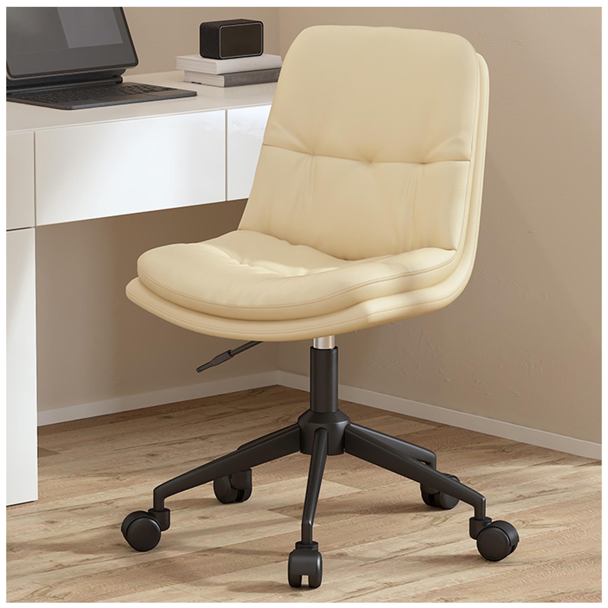 HTTGDGDH Ergonomic Leather Swivel Desk Chair For Home Office Adjustable Height Task Chair With 360° Rotation Comfortable Upholstered Chair With Wheels,Offwhite-Height 7893CM