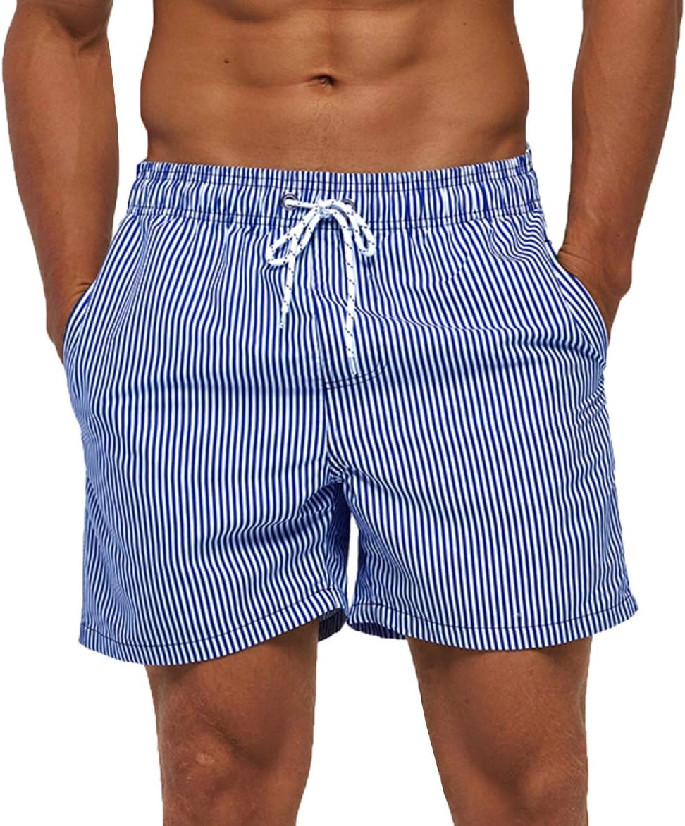 SILKWORLD Men's Board Shorts Swim Trunks Quick Dry Summer Beachwear with Pockets,A-Striped,XX-Large