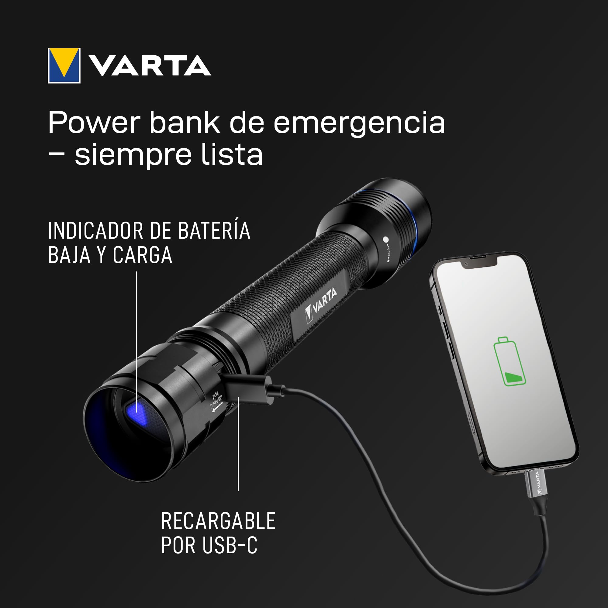 VARTA Linterna LED recargable y batería externa, Night Cutter Pro F40R, para exteriores y hogar, 2000 Lúmenes, resistente al agua IP67, aluminio de aviación, enfoque preciso y cordón | 5 modos de luz, Powerbank 5200 mAh, aluminio aeronáutico, USB C, enfoq