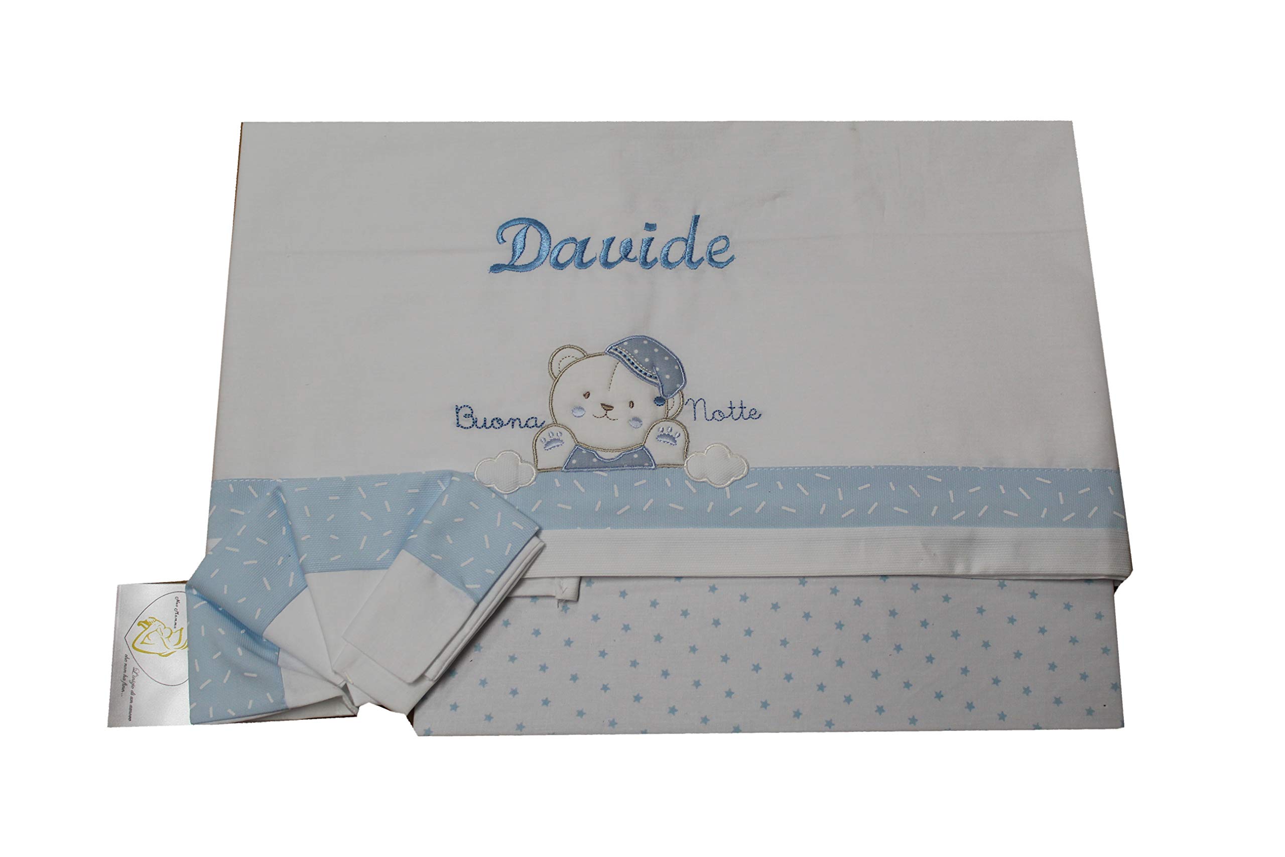Set per culla in cotone 3 pezzi con ricamo del nome personalizzato. Federa, lenzuolo e coprimaterasso con elastico