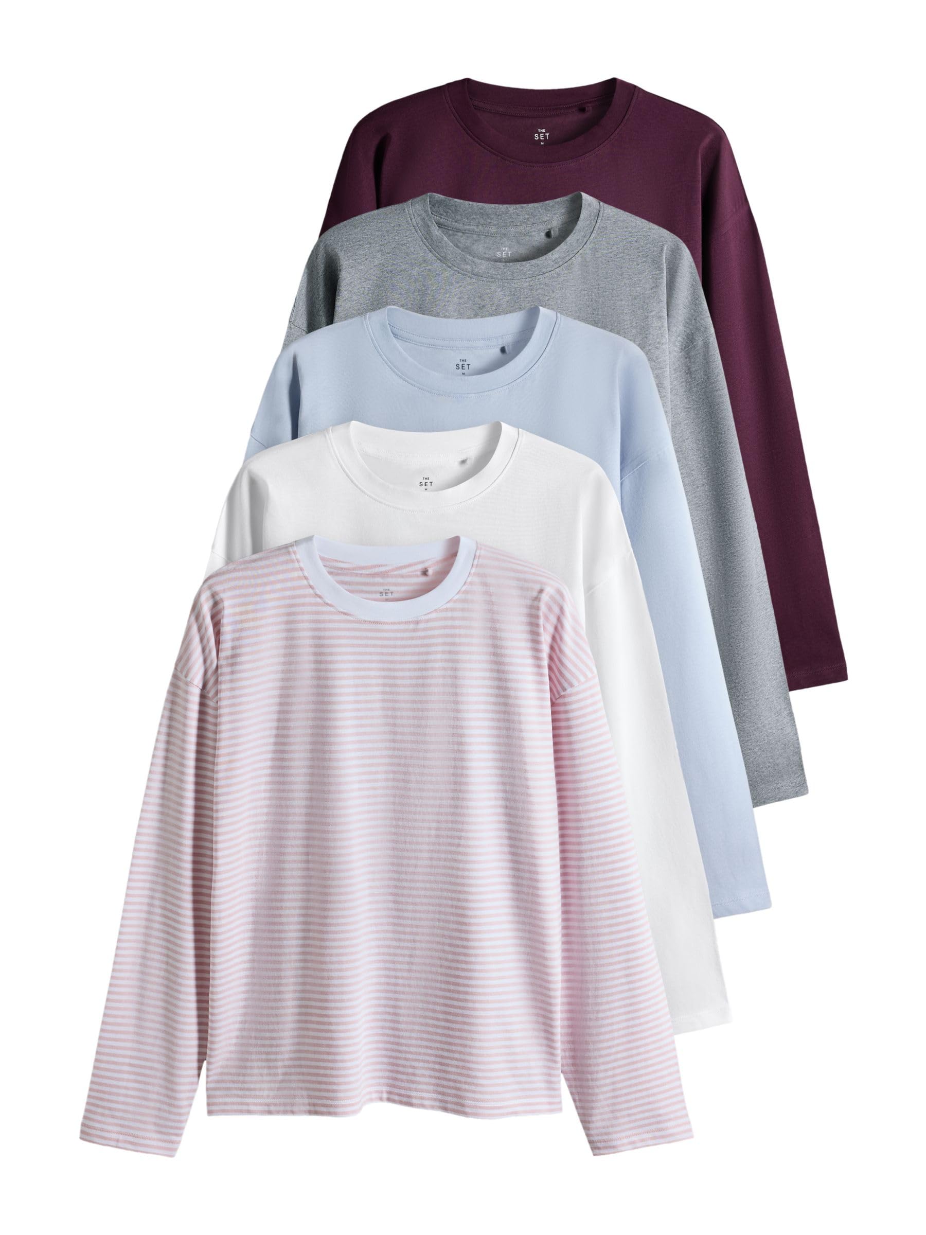 THE SET Femme T-Shirt Essential décontracté à Manches Longues, Lot de 5