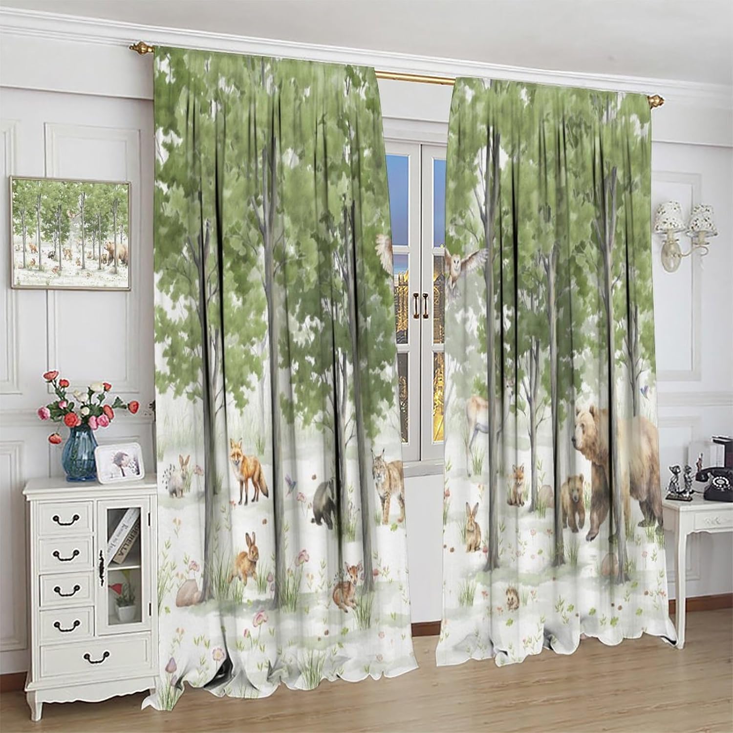 Green Forest Animal Curtain,Watercolor Woodland Bear Deer Fox Squirrel Birls Bird Rustic Cabin Blackout Rod Pocket Window Drapes for Living Room Bedroom Kitchen Set 2 Panels,42x63 Inches