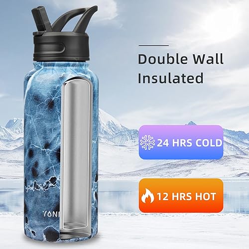 Miniatura 2 de YONICOER Botella de agua aislada con pajilla, termo de acero inoxidable de 32 onzas, vaso térmico de doble pared al vacío con 3 tapas a prueba de
