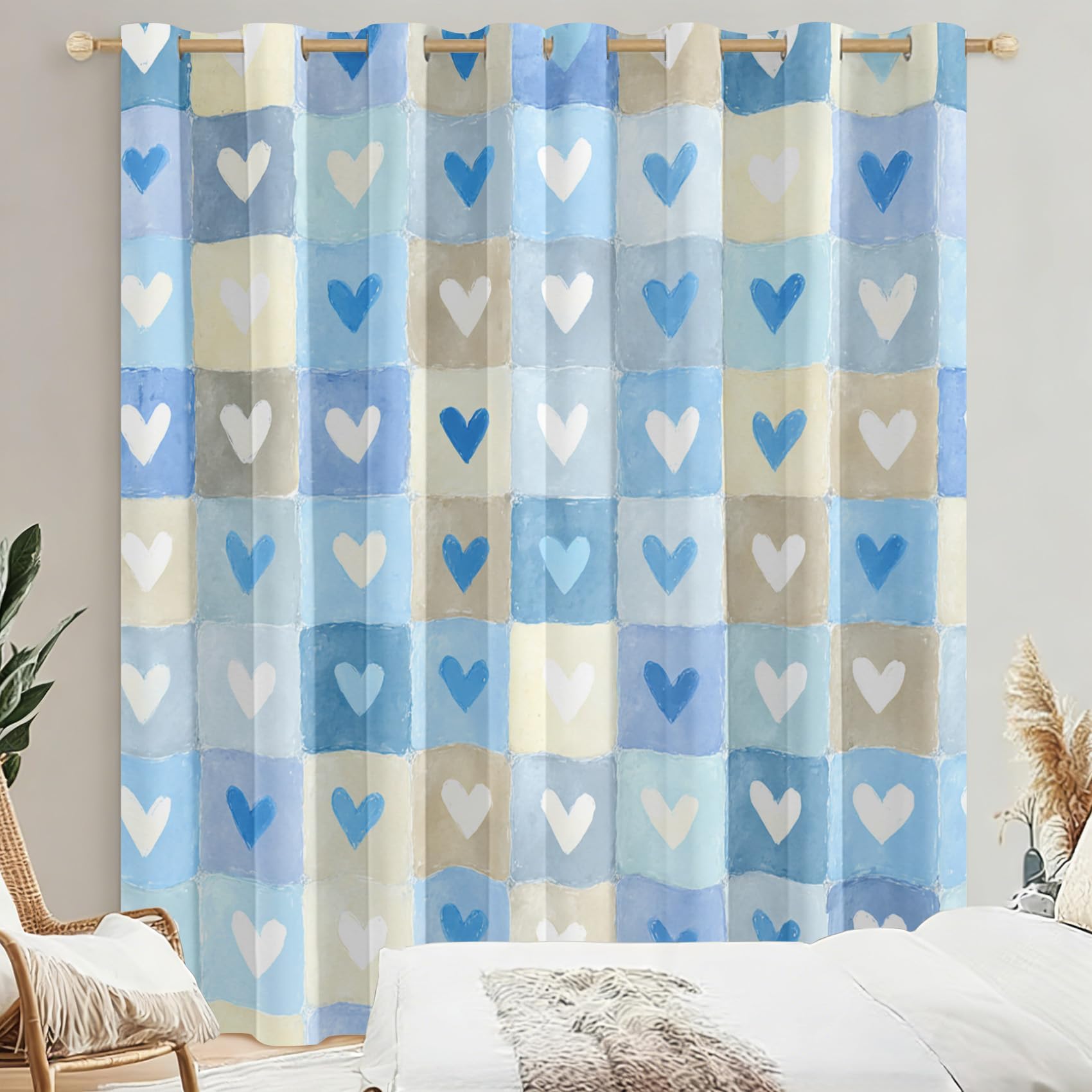 Karierte Herzvorhänge 117 x 229 cm (B x H) Blaue Herz Blickdicht Vorhänge für Wohnzimmer und Schlafzimmer, Thermovorhang 2er Set