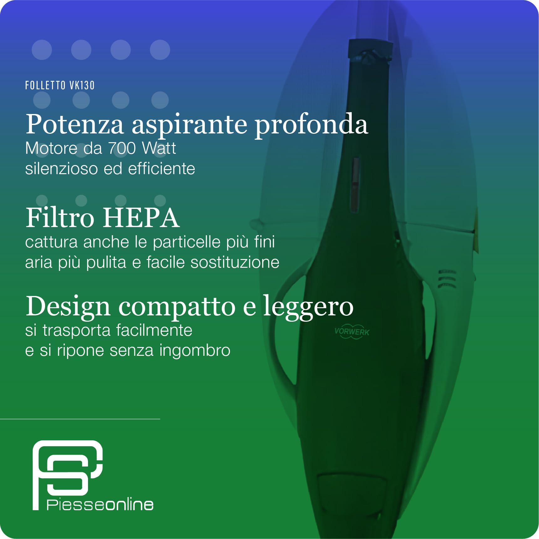 Aspirapolvere Folletto VK130 -REVISIONATA- + Spazzola HD CON RUOTE, Ideale Per Tutti i Pavimenti, Cavo Estraibile 7m, 3 Velocità, Filtro HEPA, Igienizzato e Pronto all’Uso, SOLO ASPIRAPOLVERE