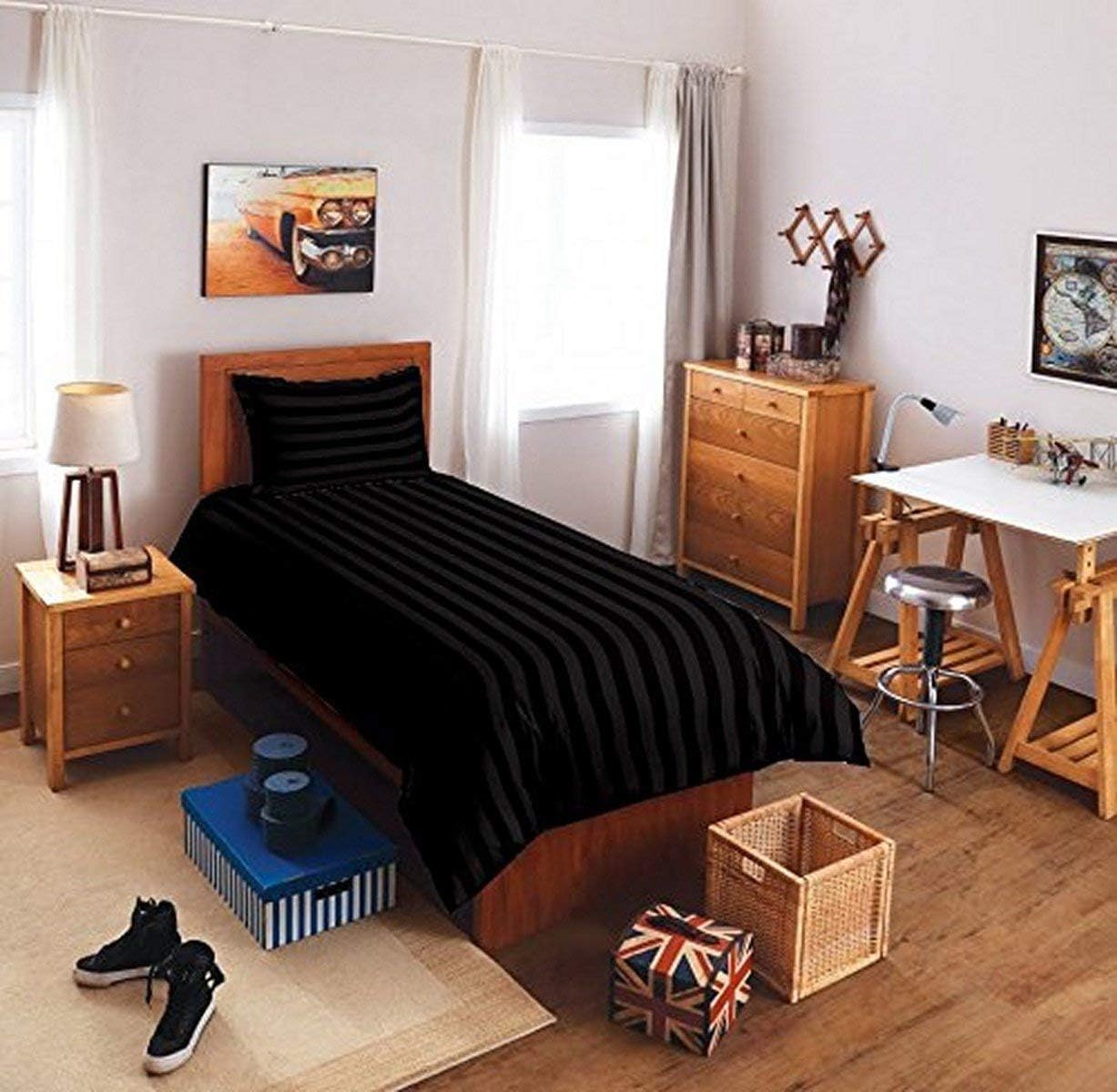 Sky Tex Plain Black Color Cotton Satin 210 TC Striped Single Bed Sheet with 1 Pillow Cover