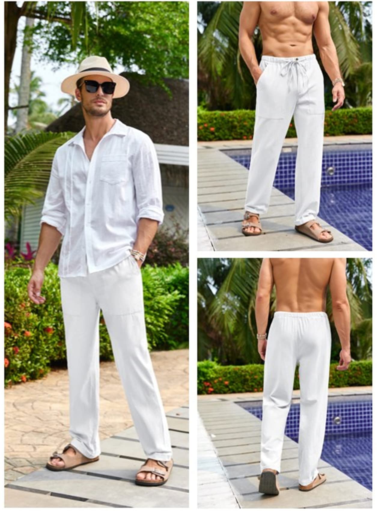 Gafeng Herren-Leinenhose, Yoga, Strand, lockere Passform, lässig, Sommer, elastische Taille, Kordelzug, Baggy-Hose mit Taschen
