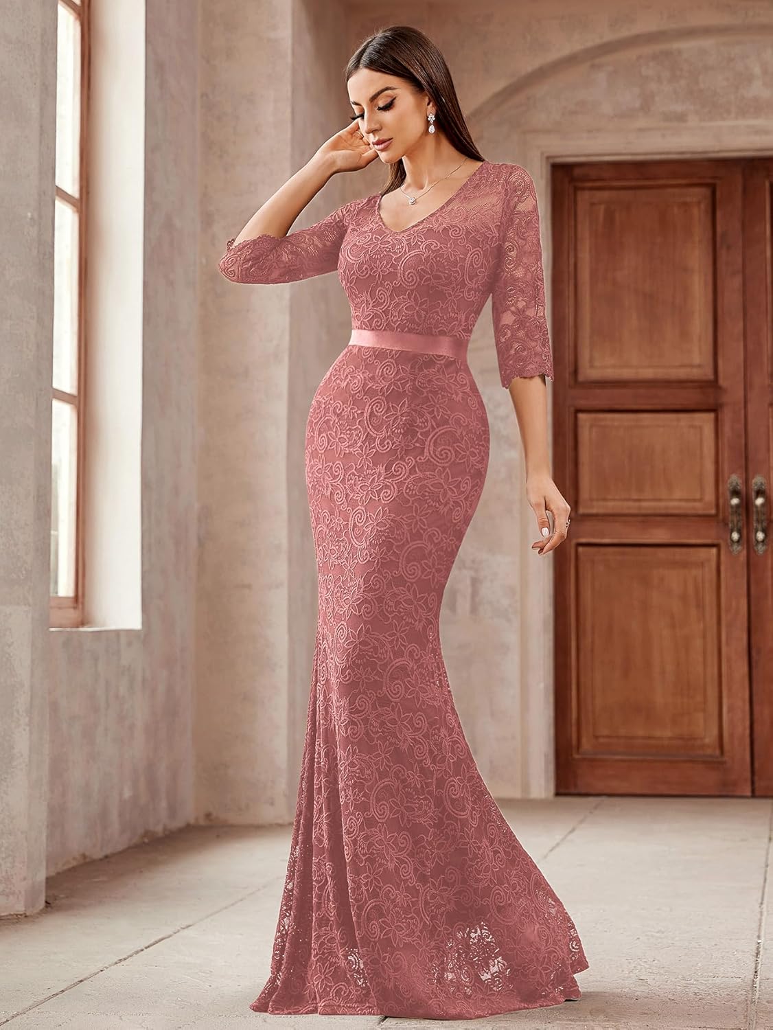 Miusol Women's Elegant V Neck Floral Lace Formal Evening Party Maxi Dress - Image 4