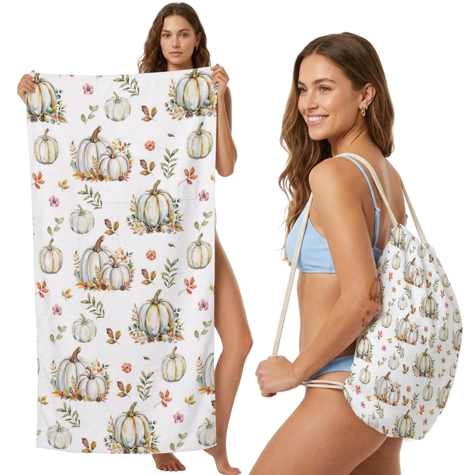 2-in-1 Beach Towel Backpack,Autumn White Pumpkin Thanksgiving Bath Towel with Built-in Storage Farm Leaves Watercolor Convertible Foldable Beach Blanket for Travel Pool Gym Camping Swim,31x63in