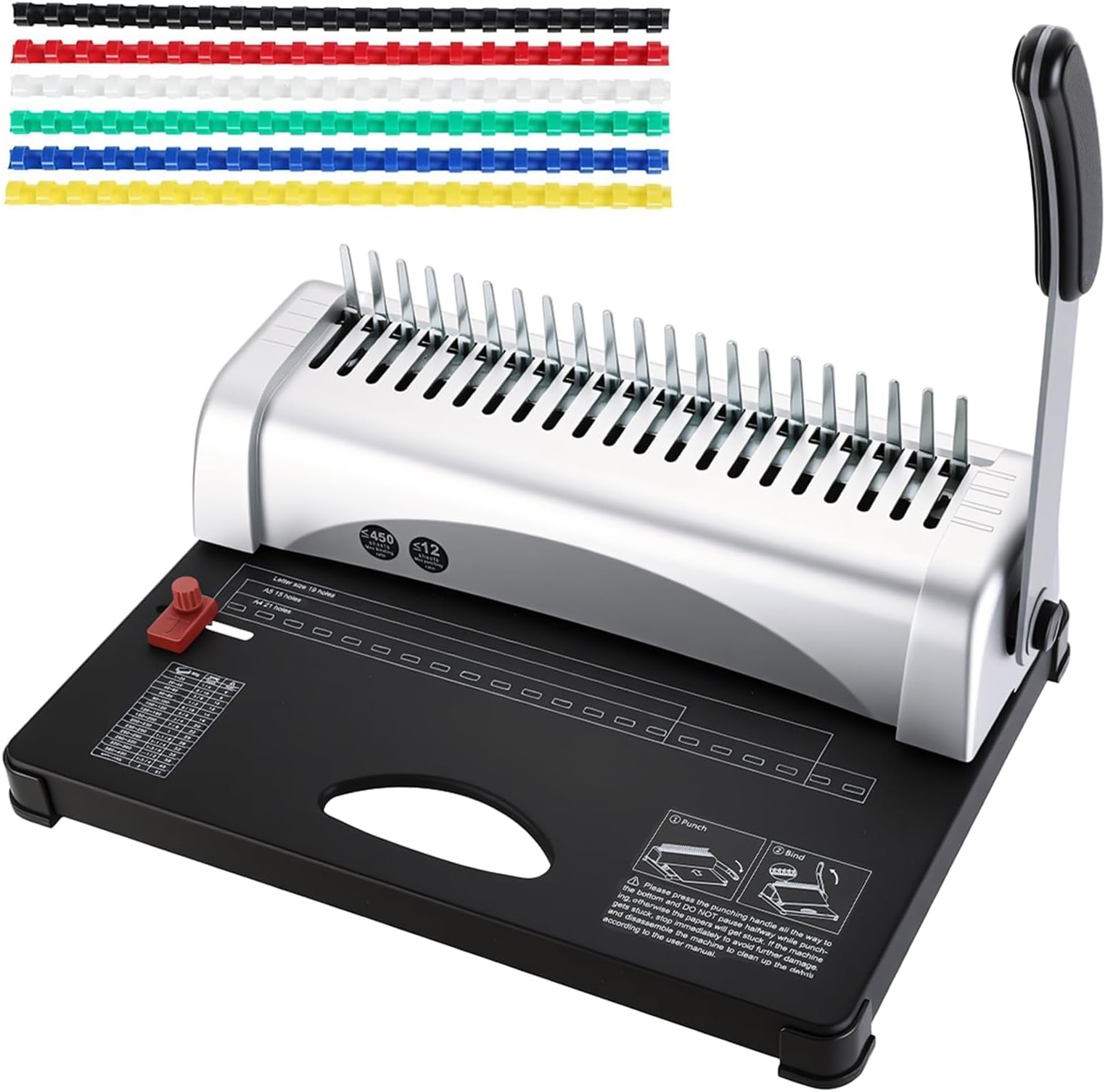 ATPEAM Comb Binding Machine 21-Holes 450 Sheets Capacity with 100 PCS 3/8'' Spines Comb Binding Machine for Letter Size, A4, A5