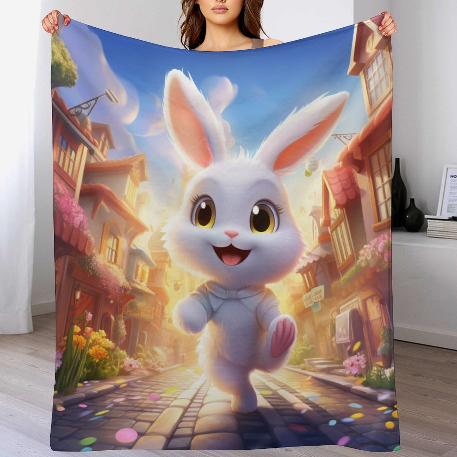 Couverture salon flannel douce motif lapin pour soirées canapé