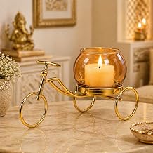 CentraLit Decorative Metal Tricycle Candle Holder with Glass Bowl | Gold Tea Light Holder Stand, Vase for Home Decor, Decorative Plant Pot for Living Room, Aesthetic Home Decor Item & Return Gift