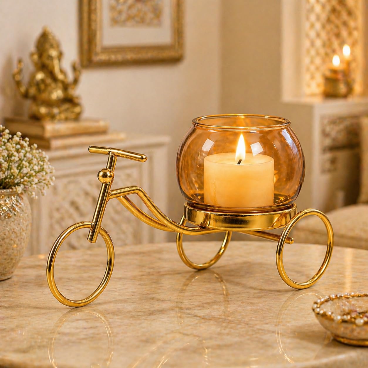 CentraLit Decorative Metal Tricycle Candle Holder with Glass Bowl | Gold Tea Light Holder Stand, Vase for Home Decor, Decorative Plant Pot for Living Room, Aesthetic Home Decor Item & Return Gift CentraLit Decorative Metal Tricycle Candle Holder with Glass Bowl | Gold Tea Light Holder Stand, Vase for Home Decor, Decorative Plant Pot for Living Room, Aesthetic Home Decor Item & Return Gift