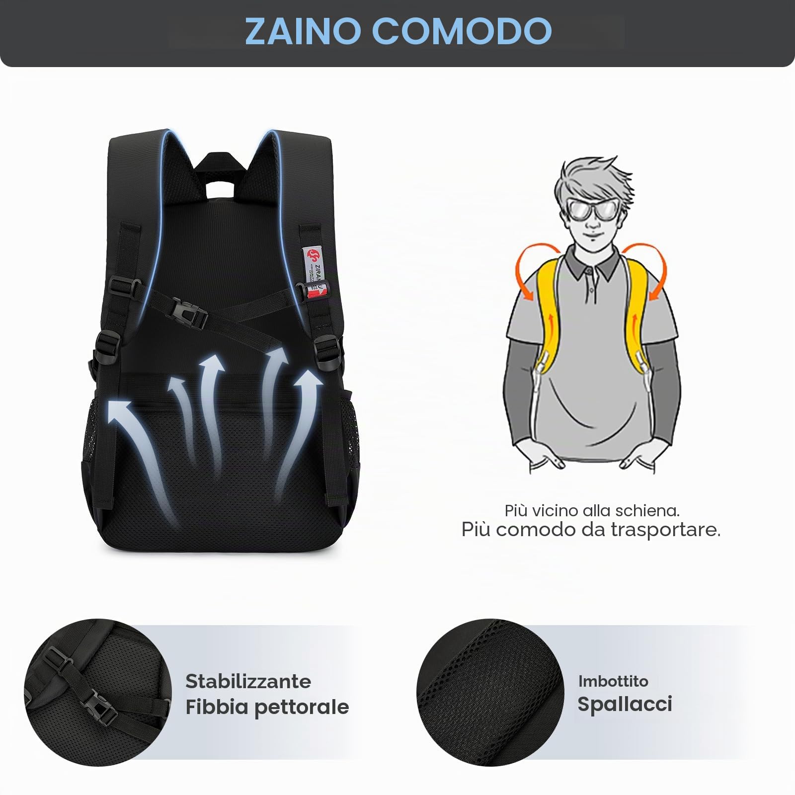 Amythe Zaino Scuola Media e Superiore Ragazzo, Adatto al Trolley, Nero | Zaini Casual Pc 15.6" Borsa Scuola per Studenti Bambino Adolescenti Uomo Idrorepellente Grande Leggero, Ritorno / Viaggio
