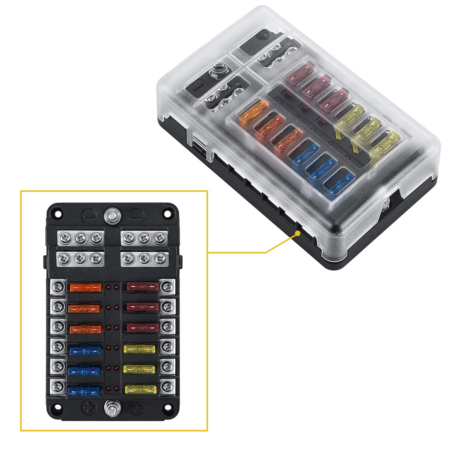 Scatola dei Fusibili 12v, Kohree 12 Vie Impermeabile Portafusibili con Indicatore LED e Coperchio di Protezione 12V-24V per Auto Barca Camion