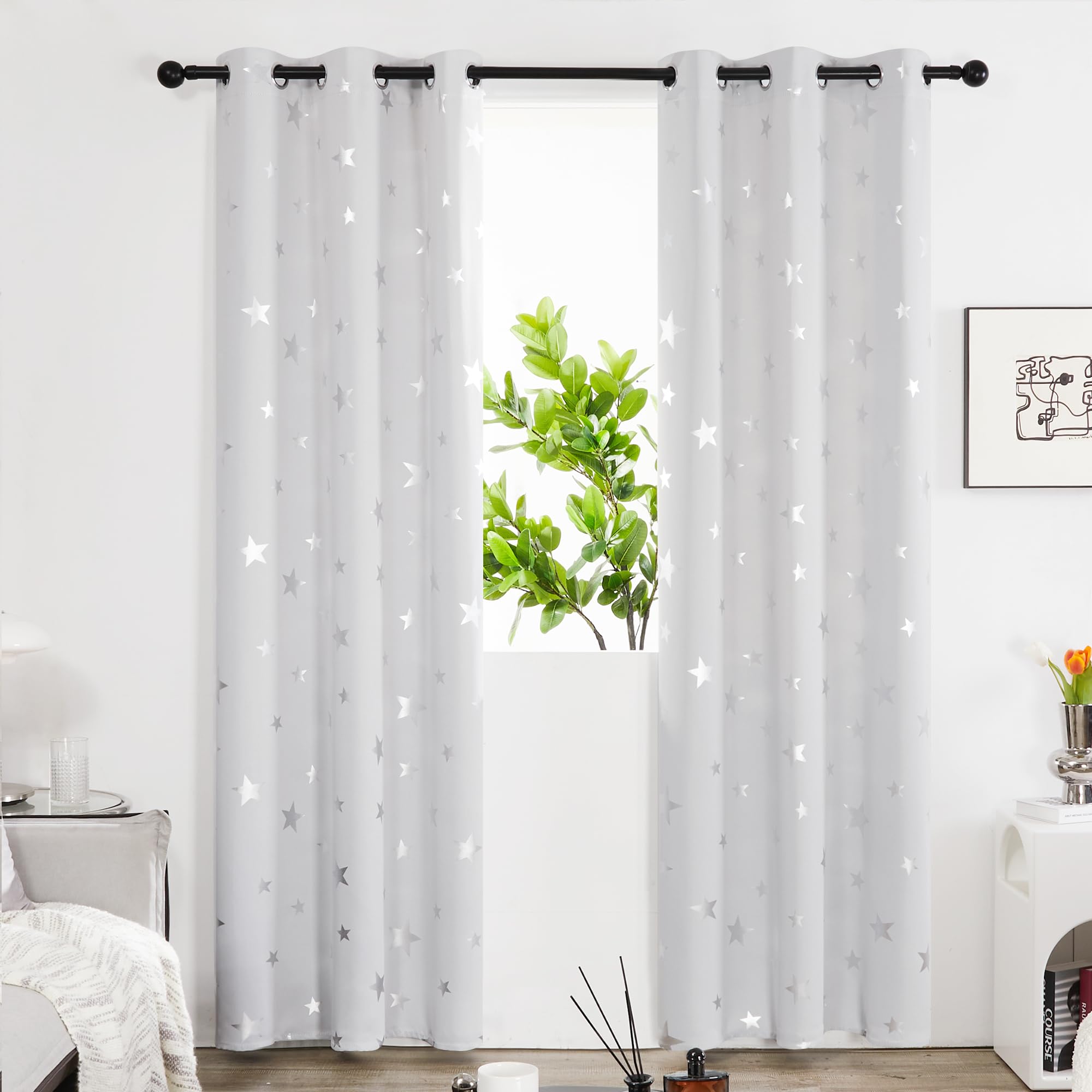 Deconovo Blackout Curtains for Bedroom Silver Star Foil Printed Thermal Insulated Eyelet Curtains Grayish white/Silver W42 x L95 2 Panels