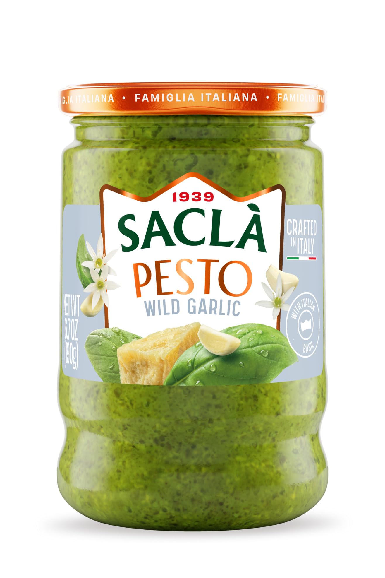 SACLA Wild Garlic Pesto Sauce | Basil & Wild Garlic Italian Pesto with Parmigiano Reggiano & Pecorino Romano Cheeses | 6.7 oz Glass Jar | Non-GMO Gourmet Sauce Imported from Italy