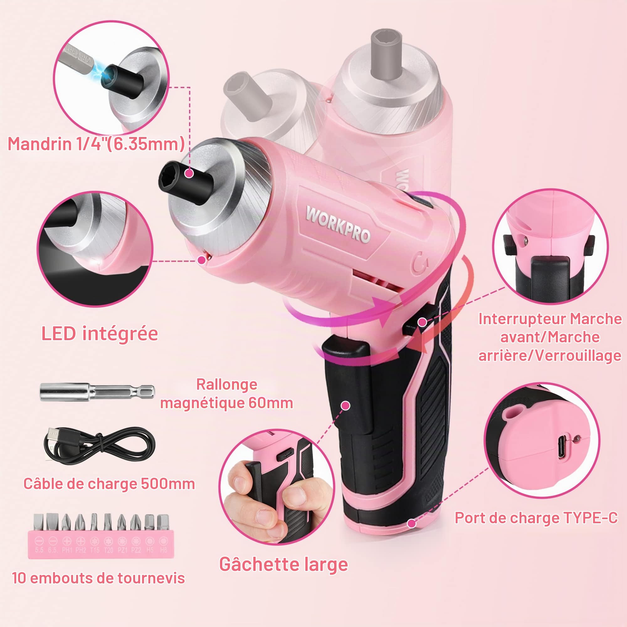 WORKPRO Caisse à Outils Rose 18 Pièces avec Tournevis Electrique 3,7 V | Trousse à Outils avec Boîte de Rangement, Mallette à Outils pour Usage Domestique ou Petits Travaux