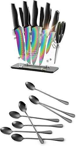 KYA35 - Juego de 14 cuchillos con revestimiento de titanio arcoíris + cucharas de mango largo de acero inoxidable con revestimiento de titanio KYA59