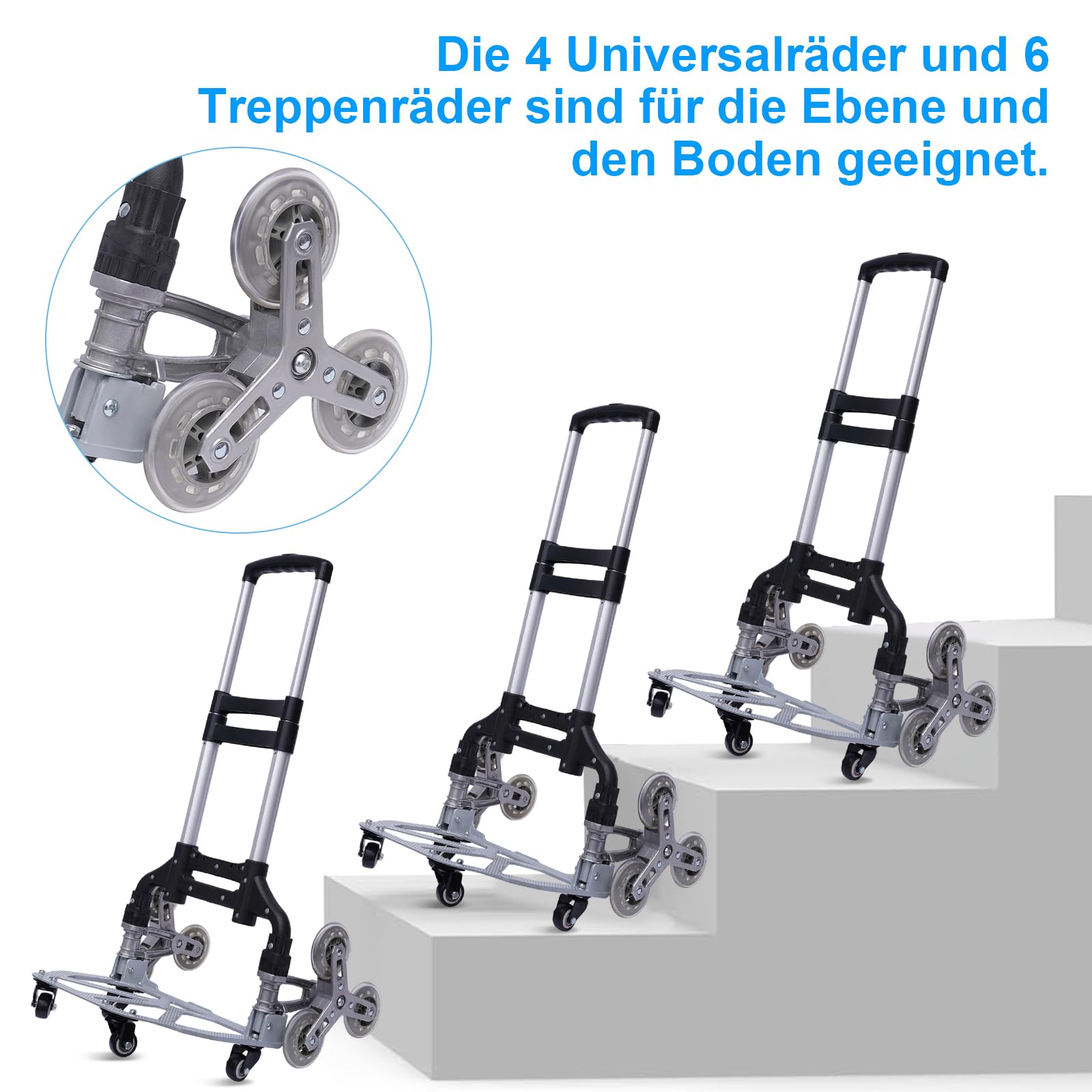 Einkaufstrolley Treppensteiger Sackkarre Bis 75KG, Treppensackkarre Klappbar Extra Langer Teleskopgriff 100cm mit wasserdichte Canvas Tasche Elastisches Seil Stumme Anti-Rutsch-Räder