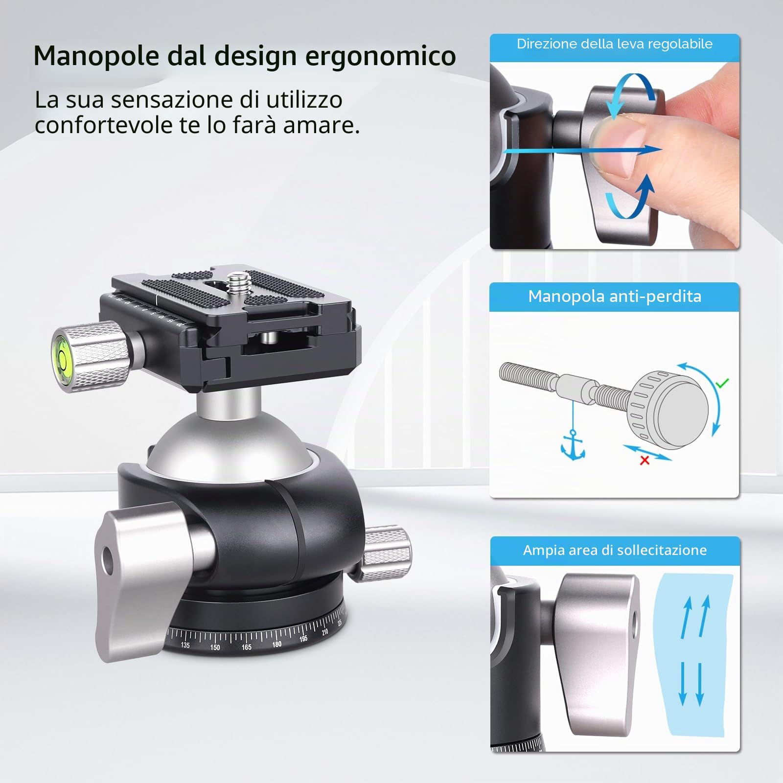 ARTCISE Testa a Sfera a Profilo Basso Tutto Metallo per Treppiede per Fotocamera Carico di 20kg con Piastra di Rilascio Rapido Tre Arca Swiss per Treppiede, Monopiede, DSLR, Fotocamera