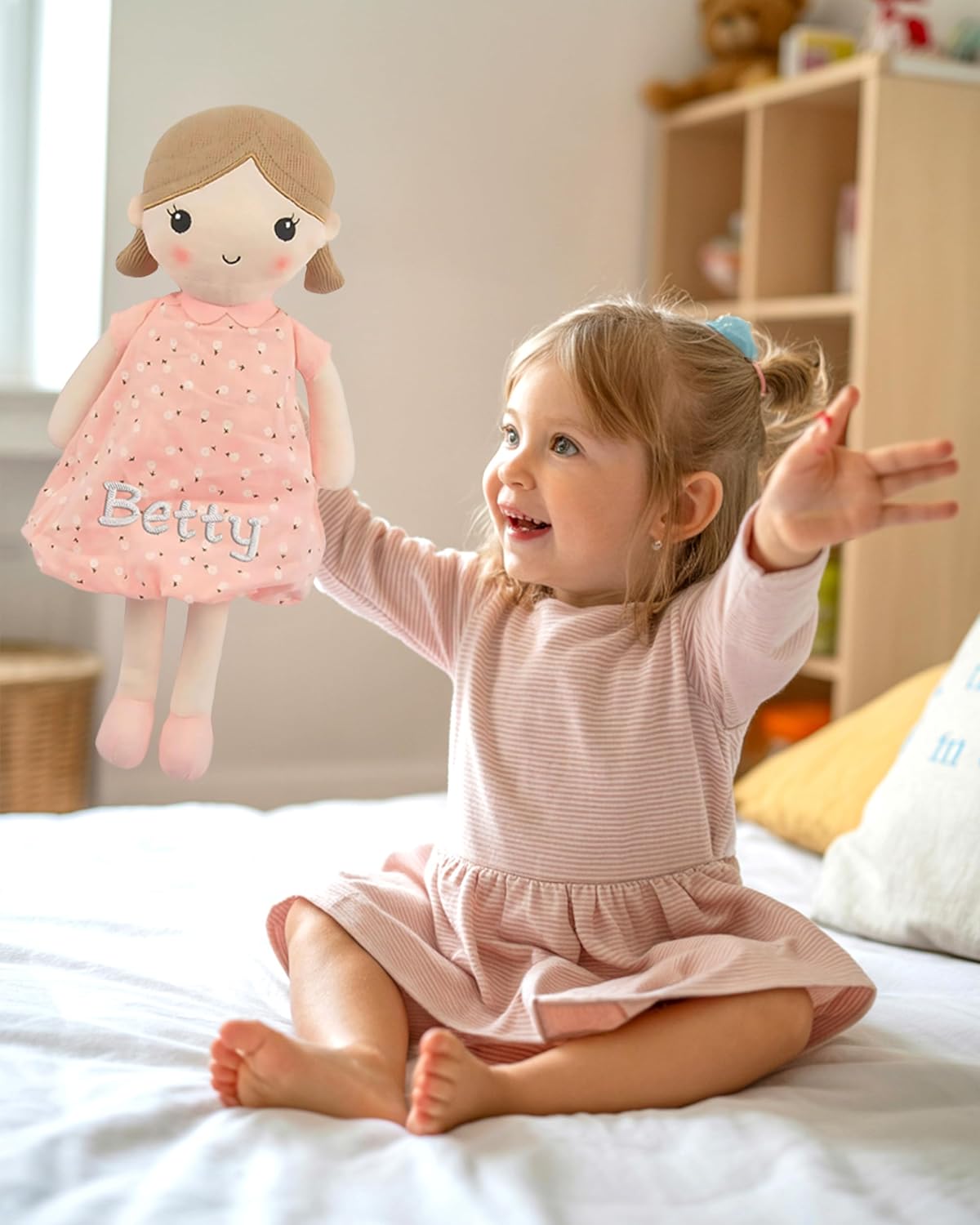 Linzy Personalized 15’’ Soft Plush Light Pink Emily Rag Doll with Embroidered Name - My First Rag Doll for Girls, Muñeca de Trapo Personalizada, Customized Snuggle Toy for Kids