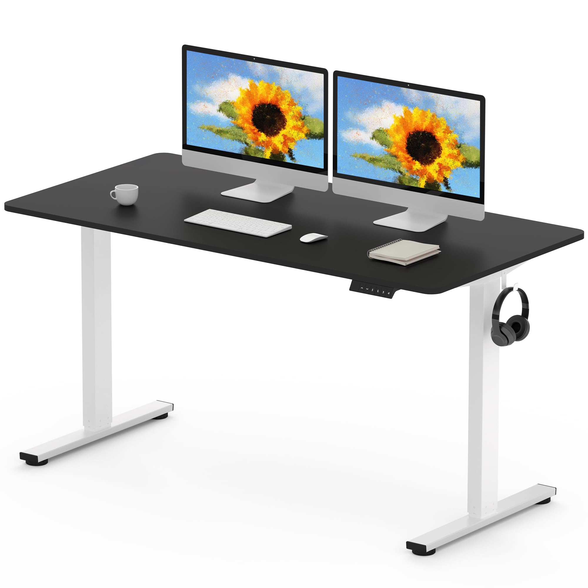 FLEXISPOT 140 x 80cm Electric Standing Desk ONE PIECE Height Adjustable Desk Sit Stand Desk with 4 Memory Smart Panel and Backpack Hook for Home Office, (White Frame+Black Desktop) — image 1