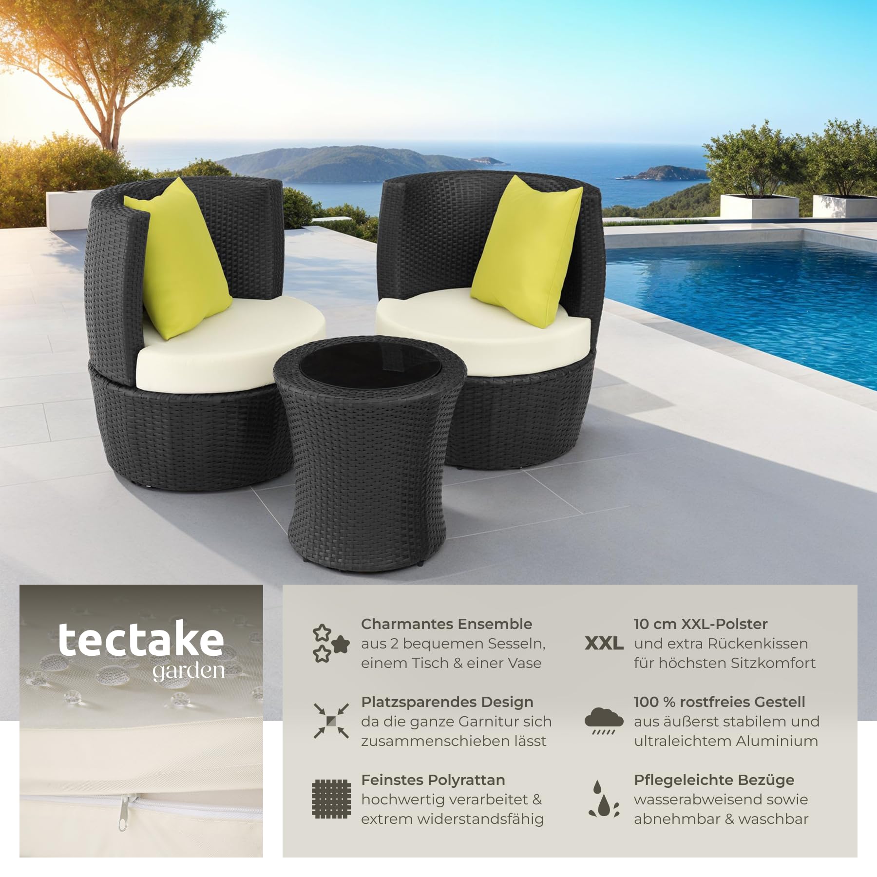 tectake® Rattan Set 2 Personen, Balkonmöbel, Aluminium Gartenmöbel Set, Outdoor Sitzgruppe mit 2X... Ansicht 2