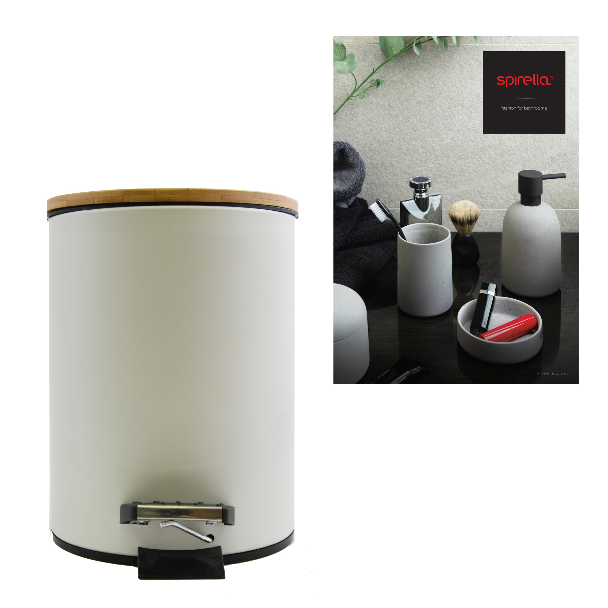 Spirella - Cestino a Pedale Modello Adonis - Acciaio e Bambù - Coperchio a Chiusura Silenziosa Slow Close - Rivestimento Anti-Tracce - Bianco Opaco - 3L