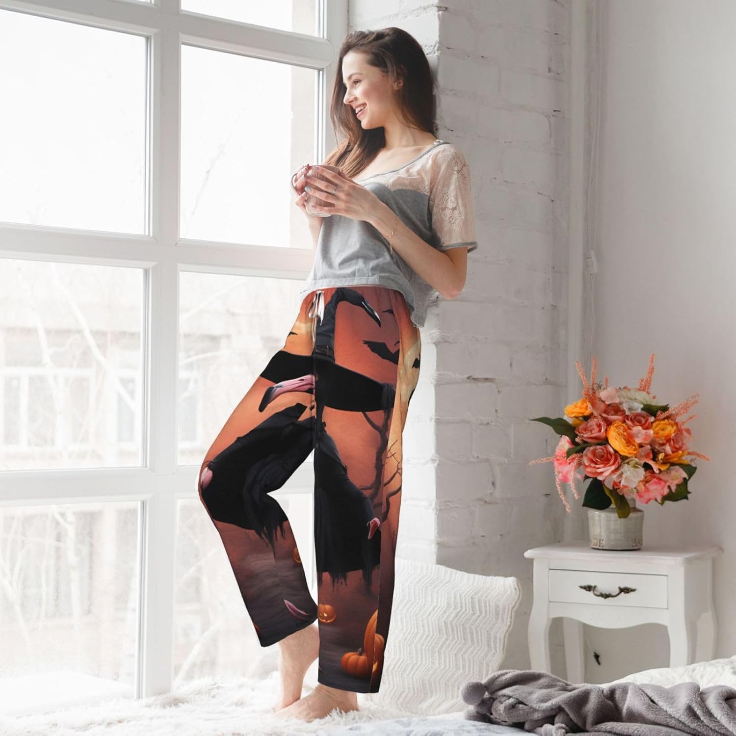 Halloween Flamingo Witch Hat Print Women'S Pajama Pants Soft Cozy Lounge Sleepwear Weekends Winter Gift Nightwear