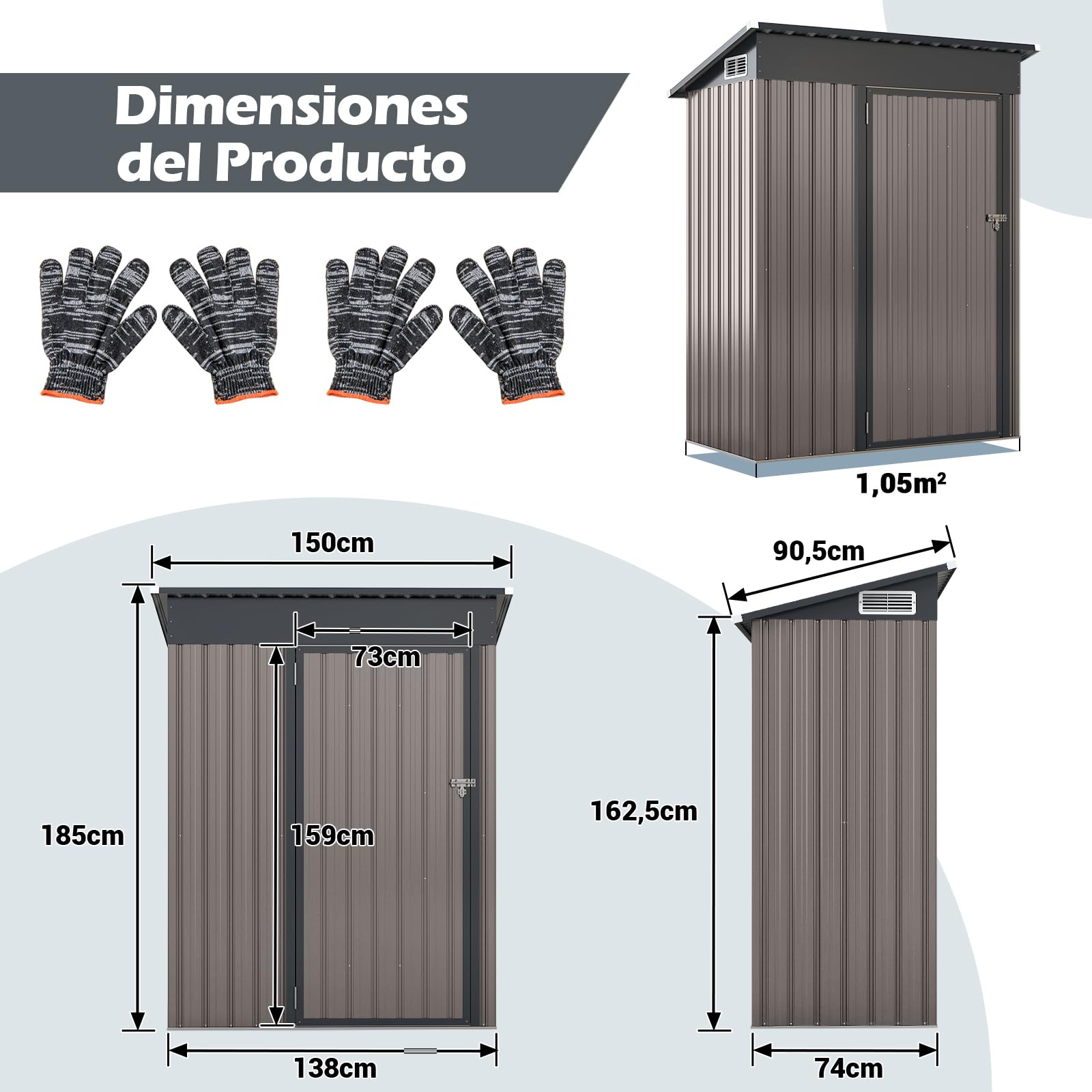COSTWAY Caseta Jardin Exterior 1,5 m³, 150 x 90,5 x 185 cm, Cobertizo de Almacenamiento, Casa de Herramientas con Diseño de Techo Inclinado, Estructura de Metal Galvanizado (Gris Claro)
