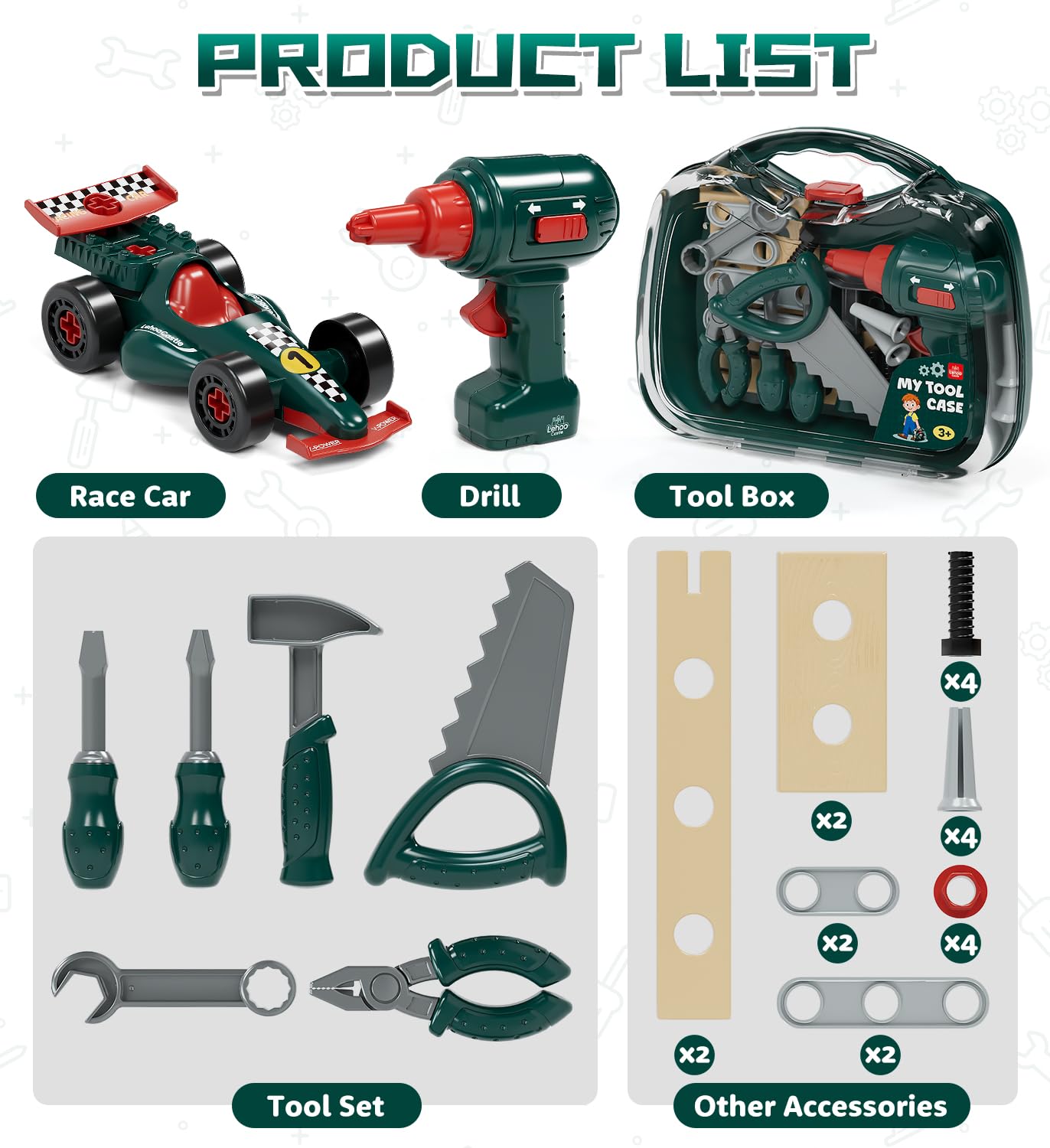 Lehoo Castle Boîte à Outils Enfant 2 3 Ans, Jouet Montessori Garçon 3 4 5 Ans avec Perceuse et Démontables Voitures de Course, Etabli Mallette Cadeau Éducatif pour Enfants Jeu de Rôle