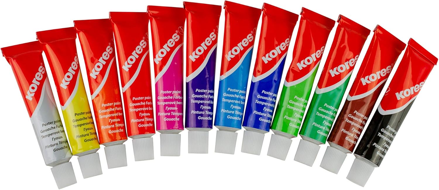Kores - Temperas: Washable Poster Paint for Kids, Beginners and Students, Non-Toxic Temperas in Tubes, Vibrant and Highly Pigmented Colours, Set of 10 x 12 ml