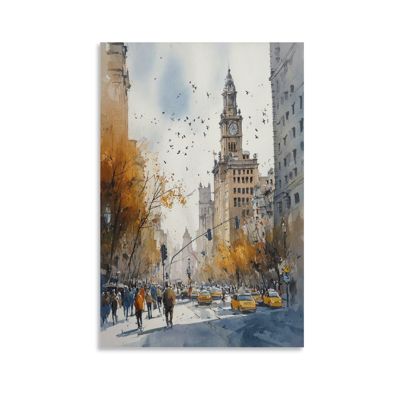 XWYMXZ New York Watercolor Retro Manhattan 20x30inch(50x75cm) Vintage Travel Poster Watercolor Canvas Art