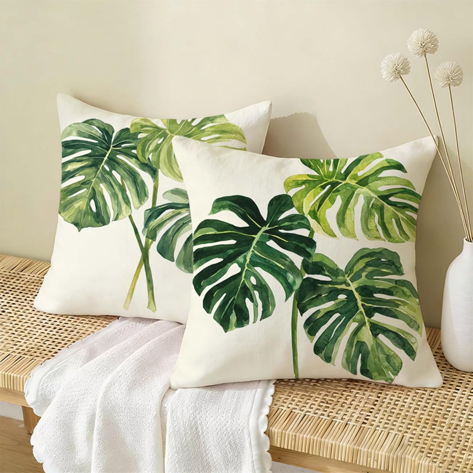 Fundas Cojines 80 x 80 CM Crema Juego de 2, Impermeable Exterior Funda Cojin Lino, Cómodo Transpirables, Antimanchas y Durable Funda de Cojines Hojas Primavera Salón, Dormitorio Decoración Hogar X-308