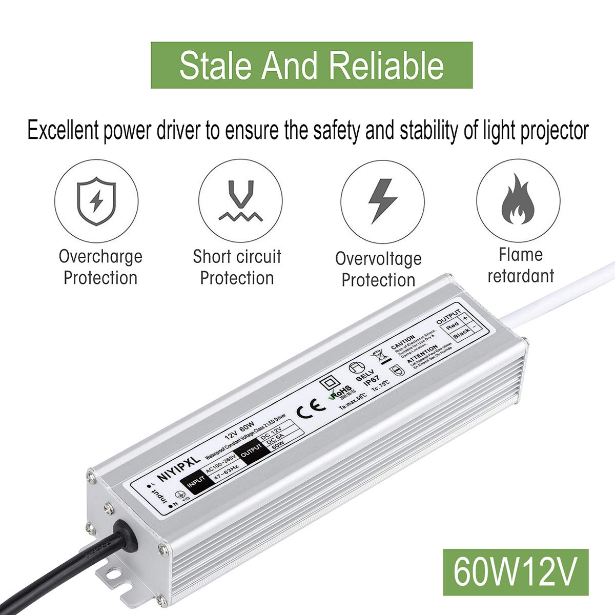 Alimentatore LED Impermeabile 60W IP67 – Trasformatore 100-240V AC A 12V DC, Uscita 5A, Per Strisce LED E Progetti Fai-da-te