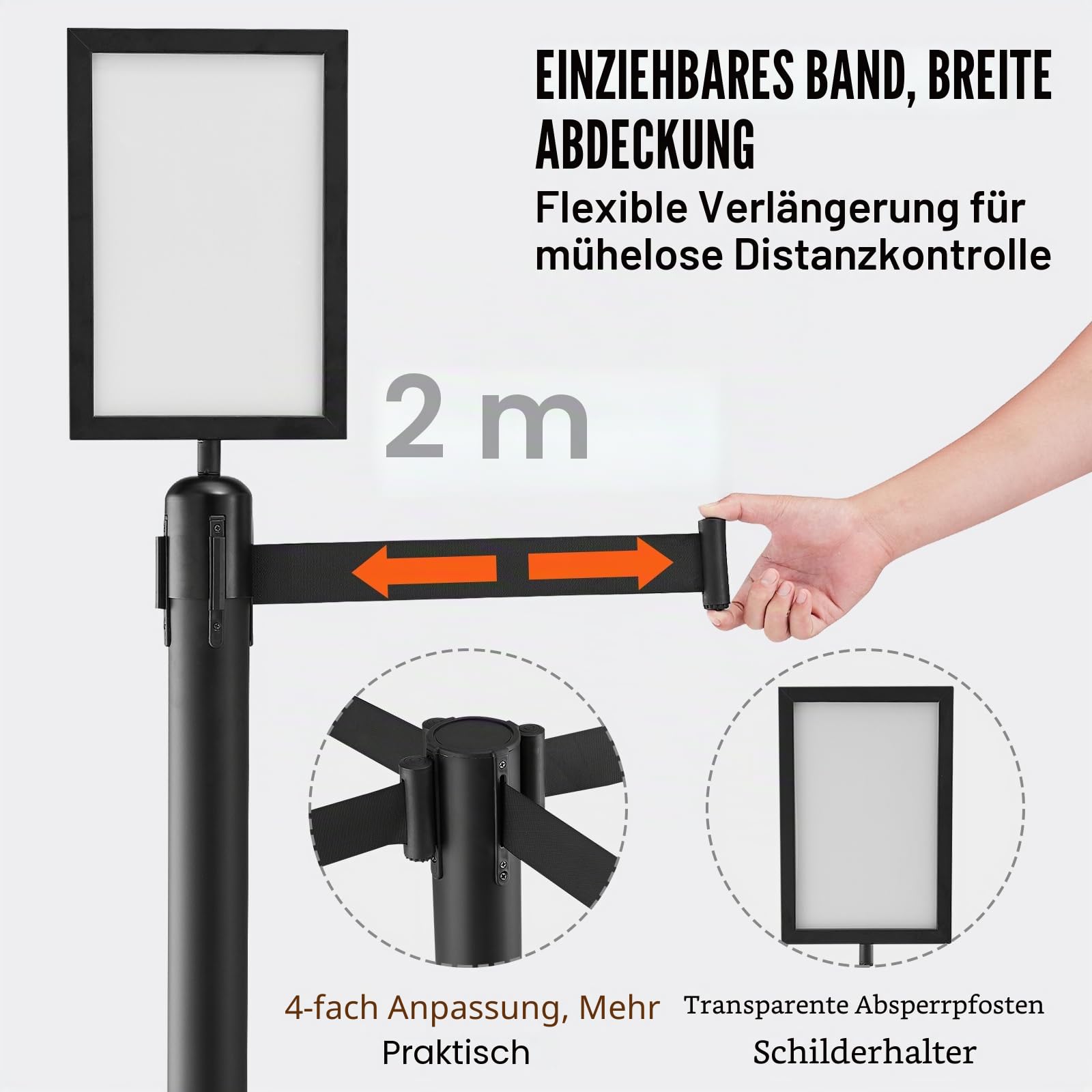 VEVOR Personenleitsystem Absperrband Absperrständer 6-teilig, 2 m x 48 mm Schwarzer Einziehbarer Gürtel, Personenleitsystem Absperrpfosten mit Schildern für Flughäfen, Messen, Wettkampforte usw.