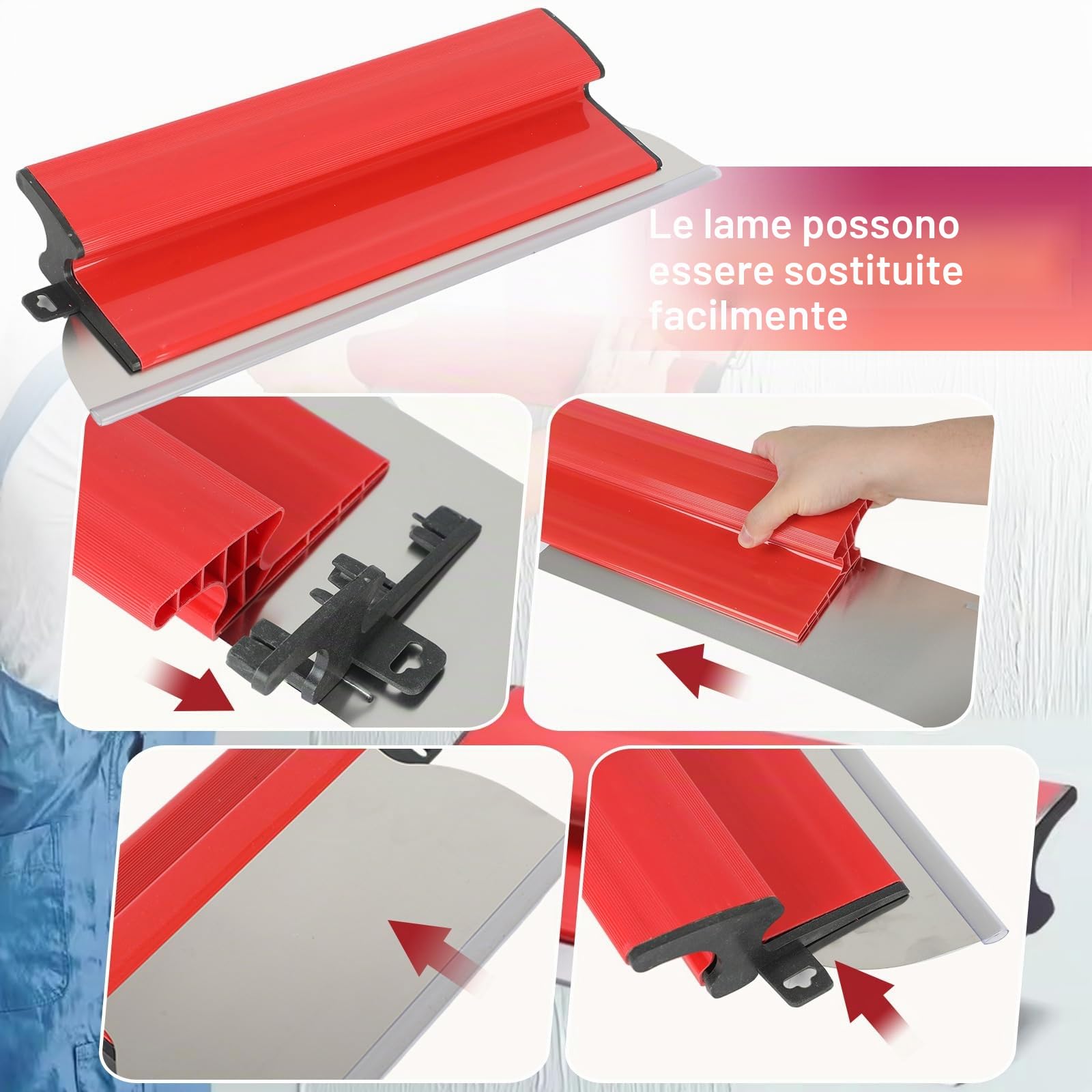 Set di spatole per superfici, 11 spatole (4 attrezzi e 4 lame in acciaio inox sostituibili e asta telescopica da 1,2 m e scatola di trasporto), manico ergonomico, per intonacare pareti e soffitti