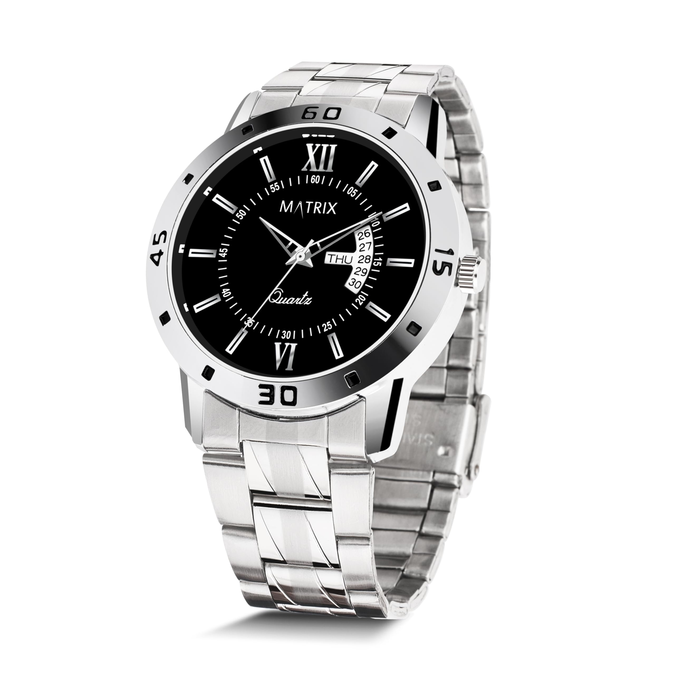 MatrixAntique Day & Date Leather Strap Analog Silicone Watch For Men & Boys - Black, Black - Silver, Free Size, Classic