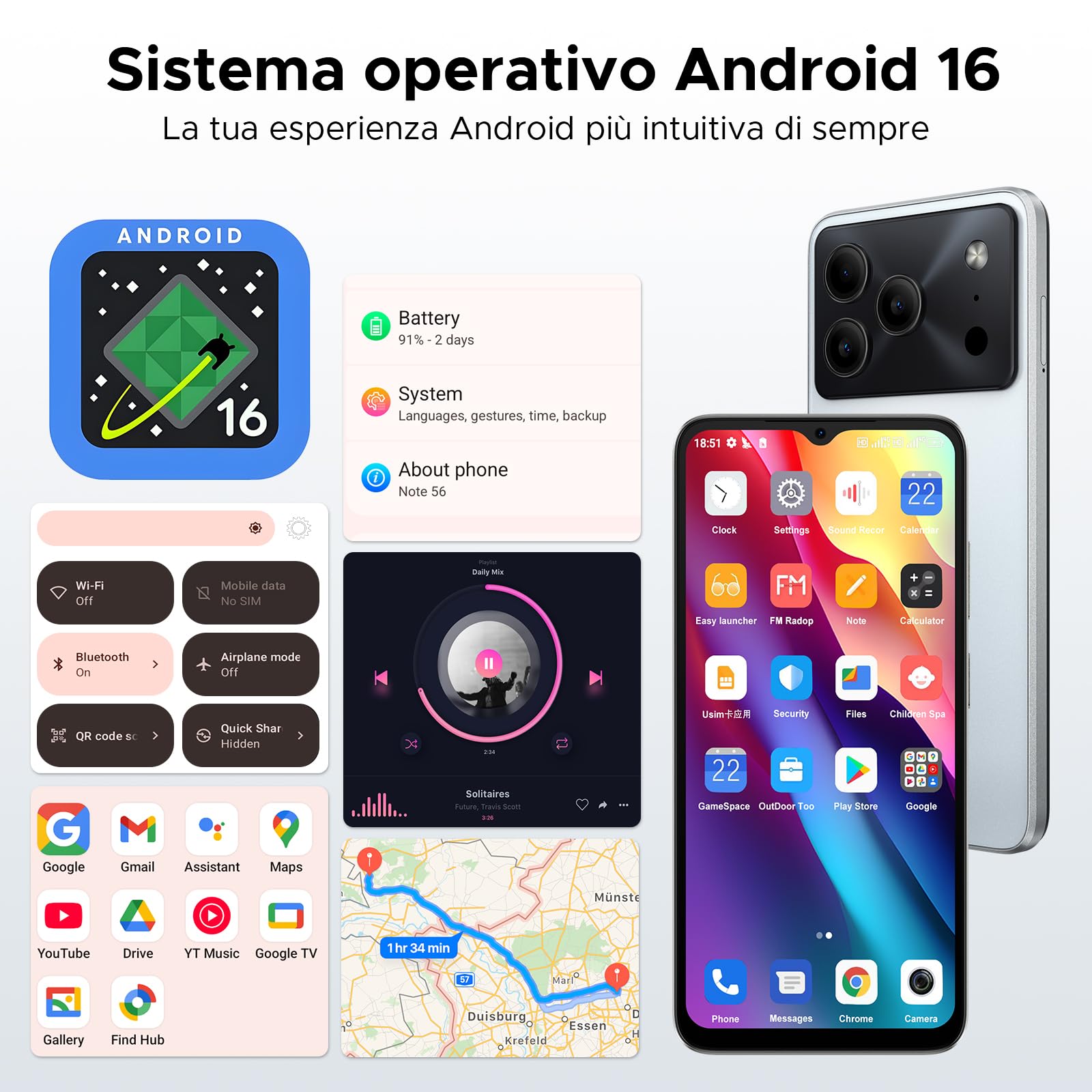 DOOGEE Note 56 Smartphone Android 16, 6150 mAh, 8.45 mm Ultrasottile, 6.56" HD + 90 Hz IPS, 24 GB + 64 GB/2 TB TF, 4G Smartphone 2025,Telefoni Android, Dual SIM/Octa Core/OTG/Face ID/GPS, Bianco